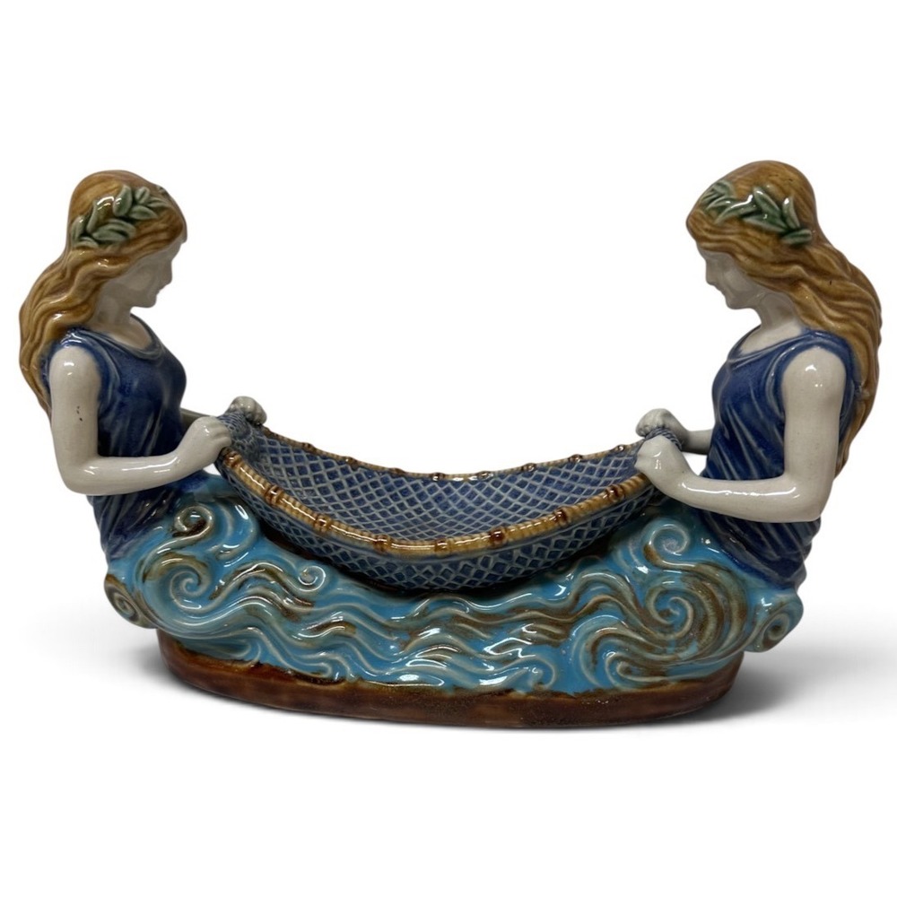 Oriental Accent Majolica Mermaid Nymph Ceramic Centerpiece Bowl Blue Nautical